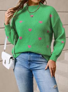 Calvaya Suéter informal de manga larga con cuello alto de punto, diseño de bloque de color y gráfico de corazón, para mujer de talla grande, otoño/invierno