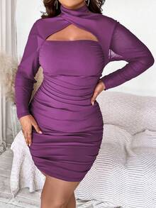 Celure 女式大尺碼性感鏤空交叉掛脖百褶緊身連身裙 - 紫羅蘭色 - 查看 4