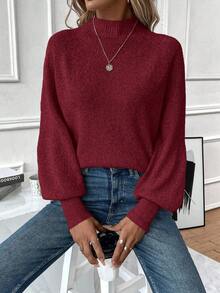 SHEIN Essnce Casual Women'S Stand Collar Raglan Sleeve Sweater - Burgundy - View 4