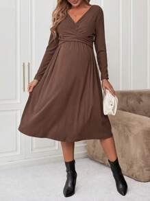 SHEIN Maternity V-neck Cross-pleat Long-sleeved Nursing Dress - Brown - View 6
