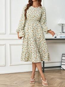 SHEIN LUNE 女款荷葉邊花卉燈籠袖連身裙 - 綠色 - 查看 1