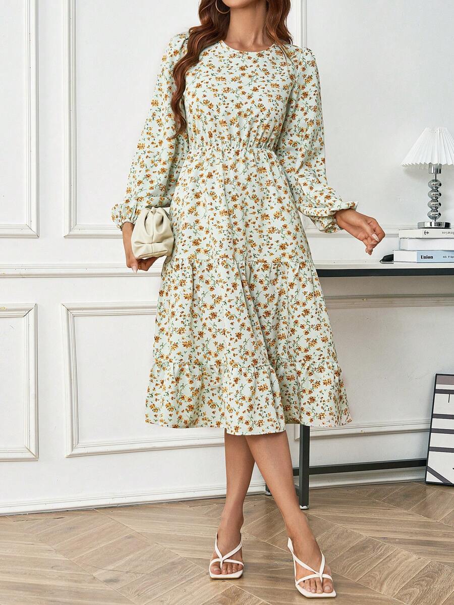SHEIN LUNE 女款荷葉邊花卉燈籠袖連身裙 - 綠色 - 查看 1