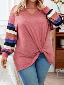 Calvaya T-shirt De Mode Pour Femmes De Grande Taille Avec Épaule Basse, Torsion Avant, Conception En Creux Et Blocs De Couleurs - Multicolore - Voir 6