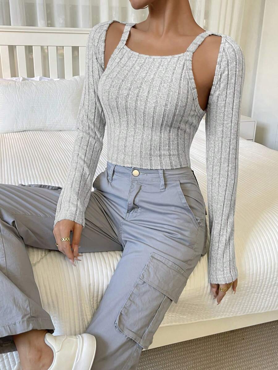 SHEIN Essnce 女士中空2合1拼接t卹 - 白色 - 查看 1