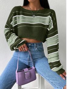 SHEIN Unity 條紋下垂肩短毛衣套頭 - 綠色 - 查看 5