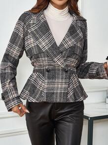 SHEIN LUNE Chaqueta Corta De Lana A Cuadros De Doble Botonadura - Negro - Ver 3