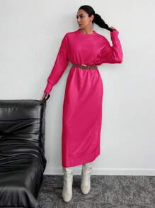 EURMUSE Vestido De Suéter De Cuello Redondo Y Hombros Caídos Sin Cinturón - Rosa Fucsia - Ver 4