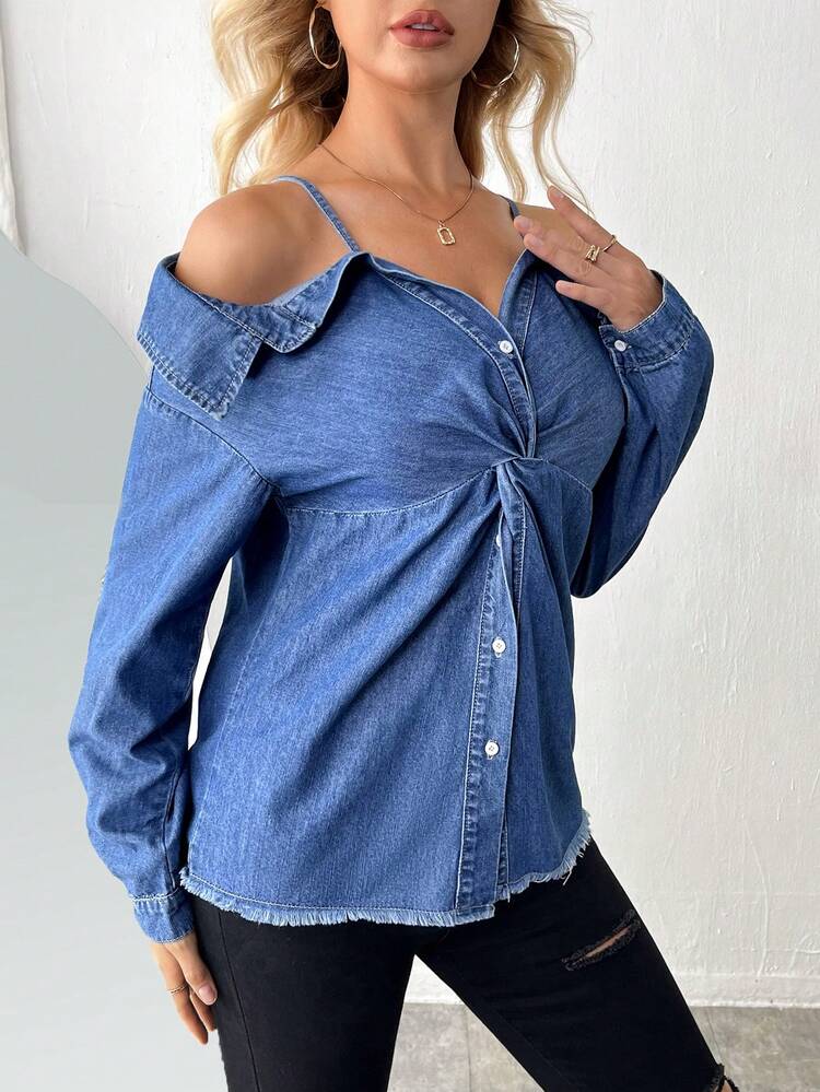 Sexy Stretchy Off Shoulder Denim Top With Long Sleeves