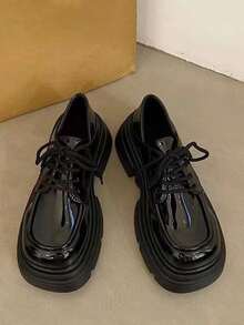 瑪莉珍女鞋秋季新款厚底英倫風小皮鞋時尚潮流繫帶平跟樂福鞋女厚底單鞋 - 黑色 - 查看 5