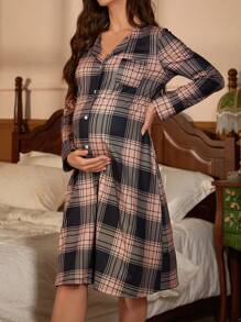Moonlight & Mama Maternity Plaid Button-Down Sleepwear For Mother, Pajama Dress