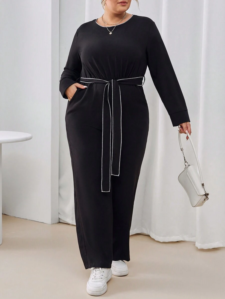 SHEIN Essnce 大尺碼女士拼色腰帶連身裤