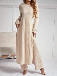 SHEIN Essnce 女性雙開岔長款上衣和褲子套裝 - 杏色 - 查看 3