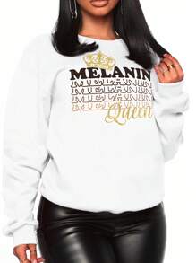 INAWLY Của phụ nữ Tay áo dài Vòng cổ Áo chui đầu Áo nỉ Với Lá thư Và In Vương miện - trắng - Xem 1