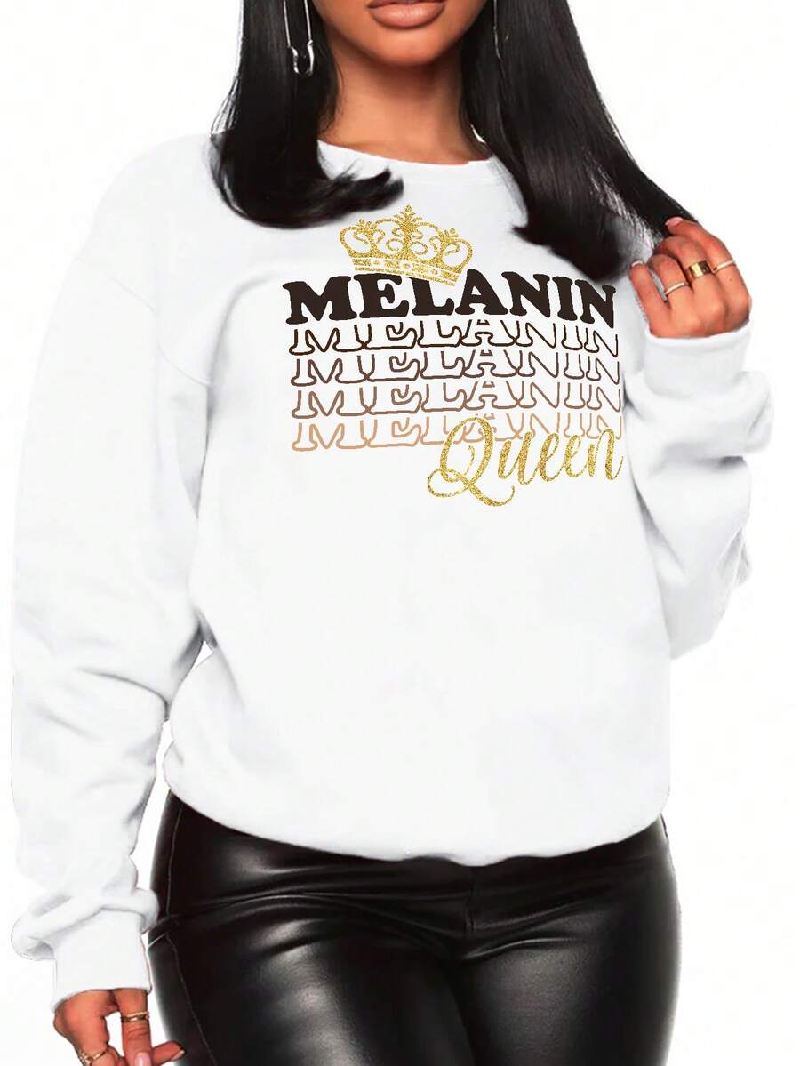 INAWLY Của phụ nữ Tay áo dài Vòng cổ Áo chui đầu Áo nỉ Với Lá thư Và In Vương miện - trắng - Xem 1