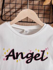 Chicas Top Casual De Manga Larga Con Cuello Redondo Y Diseño De Letras Y Falda Plisada De Estilo Callejero