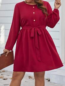 SHEIN LUNE Plus Size Women's Round Neck Long Sleeve Dress With Belt - Red - View 4