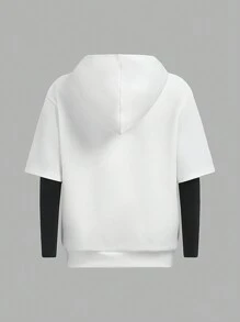 SHEIN 男童字母拼接口袋彩色連帽衫和褲子運動套裝,適合年長兒童 - 黑與白 - 查看 5