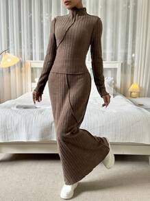 SHEIN Essnce 高領t卹裙套裝 - 棕色 - 查看 5