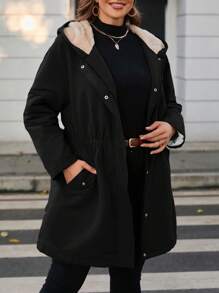 SHEIN PETITE CURVE 大码腰部带口袋连帽夹克，适合冬季 - 黑色 - 查看 4
