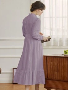 Simple Retro Váy cưới cổ bèo thêu hoa - Màu tím - Xem 2
