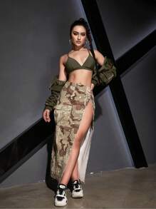 迷彩印花翻蓋口袋高衩半身裙 - 棕色 - 查看 5