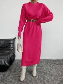 EURMUSE Vestido De Suéter De Cuello Redondo Y Hombros Caídos Sin Cinturón - Rosa Fucsia - Ver 3