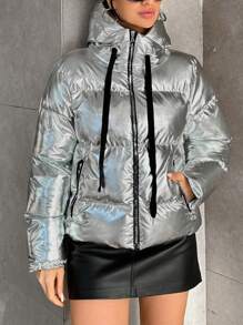 EURMUSE Shiny Coated Zipper Closure Short Hooded Padded Jacket - Silver - View 6