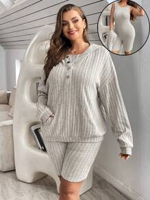 SHEIN Essnce 女士加大碼鈕扣前有帽上衣和連體褲套裝 - 杏色 - 查看 5