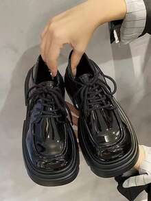 瑪莉珍女鞋秋季新款厚底英倫風小皮鞋時尚潮流繫帶平跟樂福鞋女厚底單鞋 - 黑色 - 查看 6