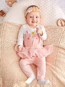 SHEIN Bộ đồ liền thân dài tay cổ tròn in họa tiết hoạt hình và quần lưới tương phản 2 trong 1 cho bé gái - Nhiều màu - Xem 14