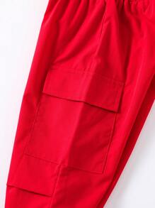 SHEIN Young Girl 1pc Fashionable Casual Cargo Pants With Pockets And Fold-Over Hem,Holiday,Summer,Travel - Red - View 8