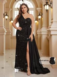 SHEIN Belle Plus Size Women's Evening Dress With Beaded Patchwork, Dramatic Train And Cascade Formal Dress - Black - View 5