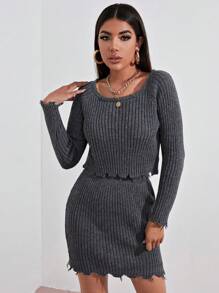 SHEIN LUNE Women's Long Sleeve Sweater And Skirt Set Fall Cloth For Women - Dark Grey - View 1