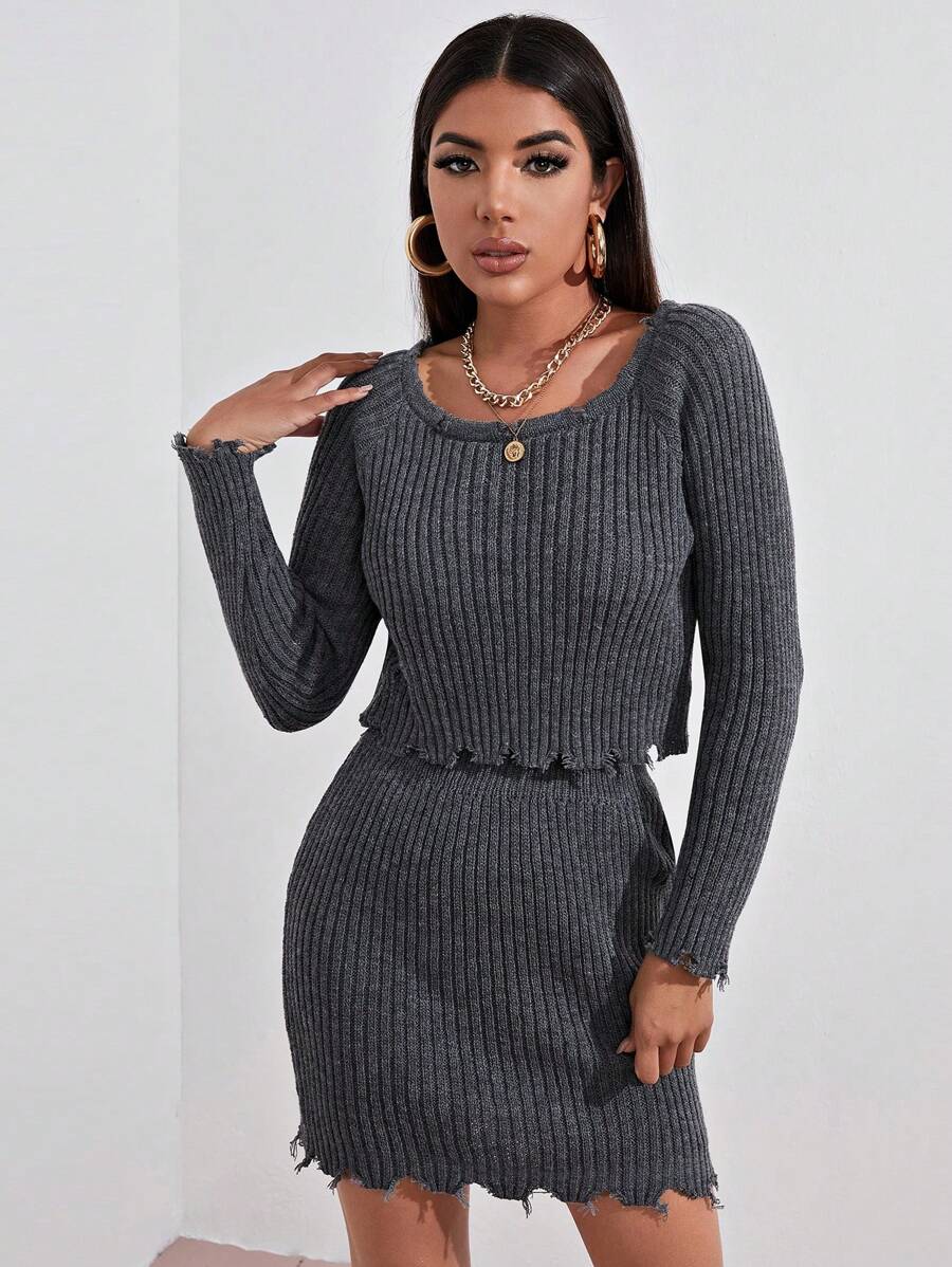 SHEIN LUNE Women's Long Sleeve Sweater And Skirt Set Fall Cloth For Women - Dark Grey - View 1