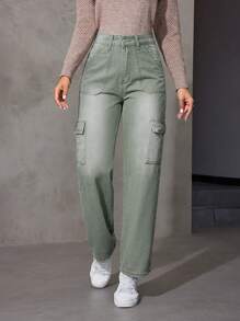 SHEIN LUNE 女用有蓋口袋直筒牛仔褲 - 綠色 - 查看 3