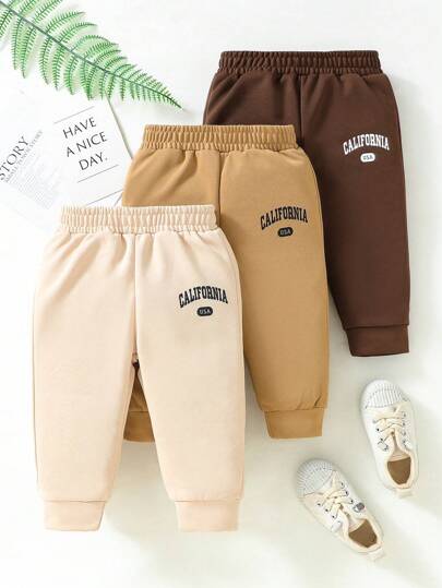 SHEIN Playful Pals 3 件套男婴休闲日常装简约百搭运动字母印花长裤适合春夏秋冬外出