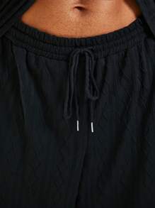 Manfinity Homme Men's Plus Size Textured Fabric Collared Top And Long Pants Set - Black - View 3