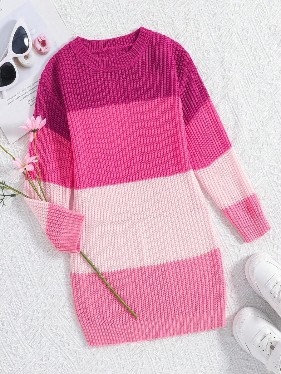 SHEIN Young Girl Simple And Stylish Striped Gradient Color Dress - Pink - View 1