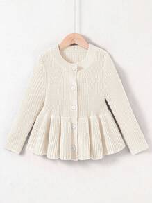 SHEIN 女小童素色前紐扣荷葉邊開襟衫 - 杏色 - 查看 1