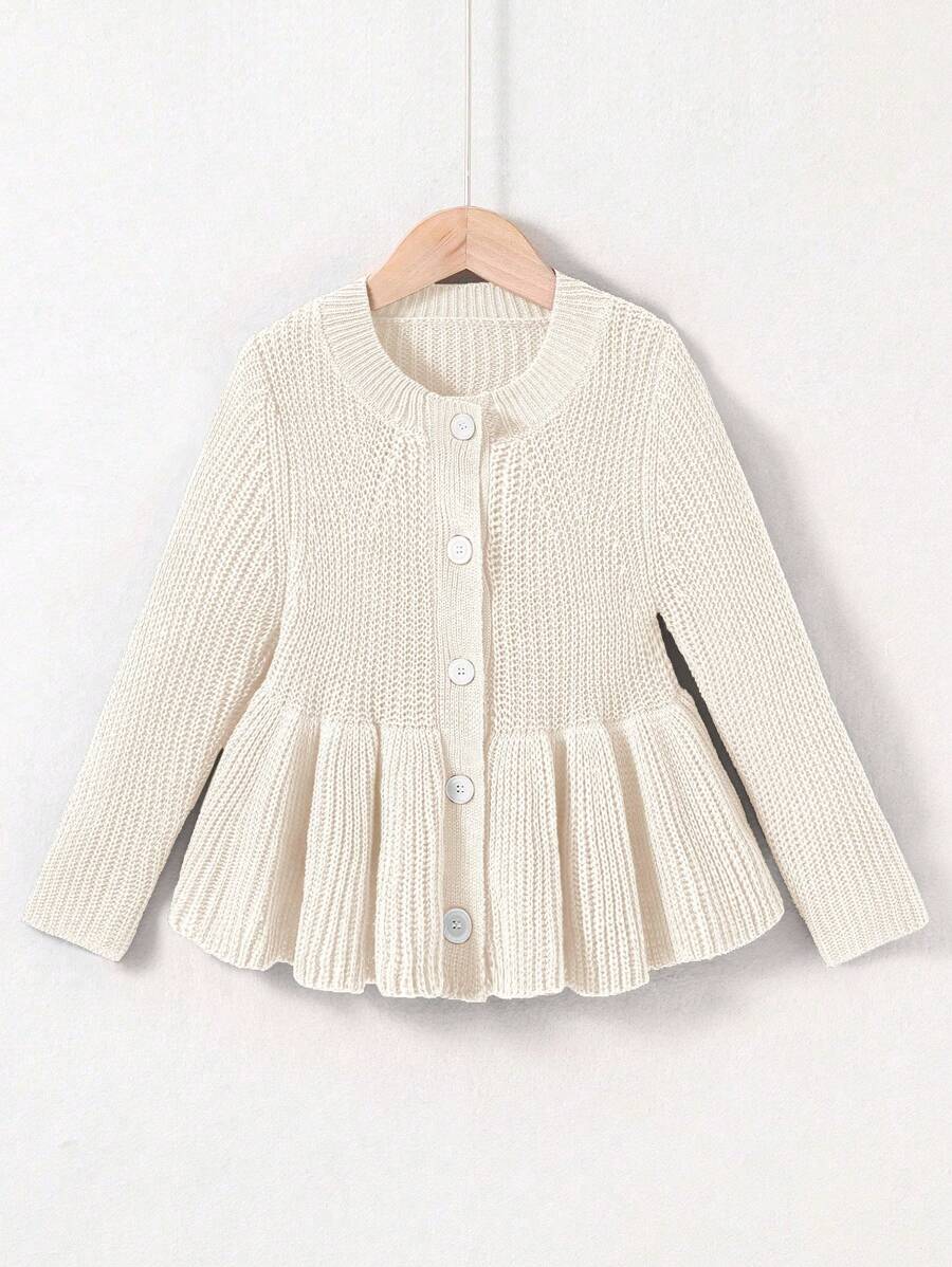 SHEIN 女小童素色前紐扣荷葉邊開襟衫 - 杏色 - 查看 1