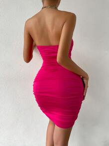 Chiquease Vestido ajustado con abertura con cadena con tira fruncido lateral de espalda abierta halter - Rosa Fucsia - Ver 2