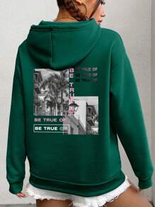 SHEIN EZwear Picture & Slogan Graphic Drawstring Thermal Lined Hoodie - Dark Green - View 1