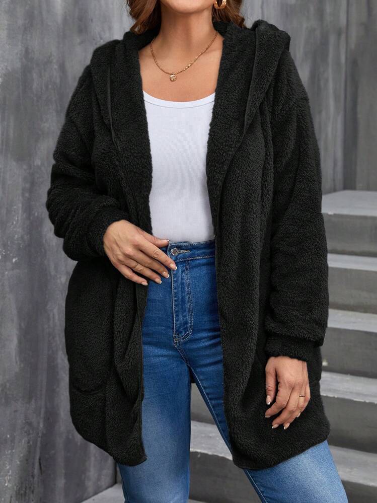 SHEIN LUNE Plus Size Autumn And Winter Super Thickened Double Fleece Warm Jacket Women's Fall Women Geometric Pattern Reversible Hooded Fleece Jacket With Pockets - Black - View 5