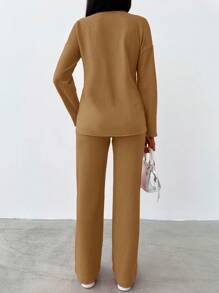 SHEIN Cottnline Women'S Turn-Down Collar Drop Shoulder Top And Pants Set - Camel - View 2