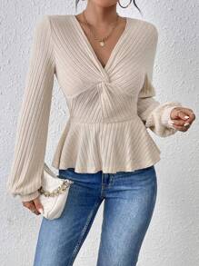 SHEIN Frenchy Women's Knotted Ribbed Ruffle Hem T-Shirt Winter Casual - Apricot - View 4