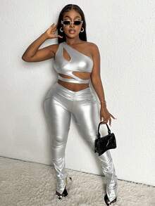 Slaydiva 女用金屬扭結開叉下擺長褲 - 銀色 - 查看 3