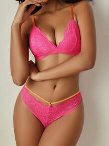 SHEIN Lace Trim Lingerie Set - Hot Pink - View 1