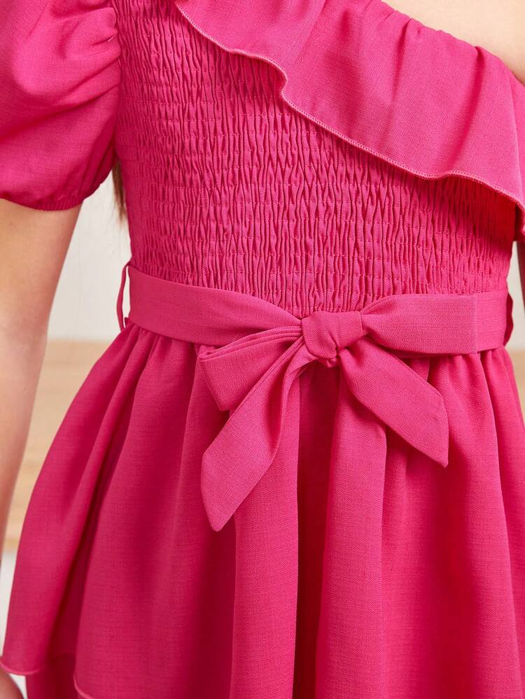 Girls' Woven Solid Color Asymmetrical Neck Dress With Ruffle Hem And Detachable Belt
