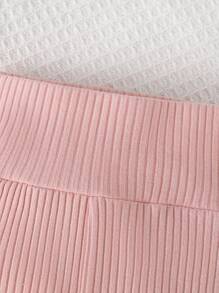 SHEIN Baby Girls' Cartoon Patch Solid Color Ribbed Pajamas Set - Pink - View 4