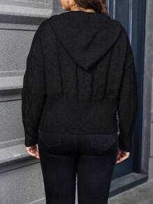 Calvaya Plus Cable Knit Drop Shoulder Hooded Sweater Knit Pullover Fall Winter Sweater - Black - View 2